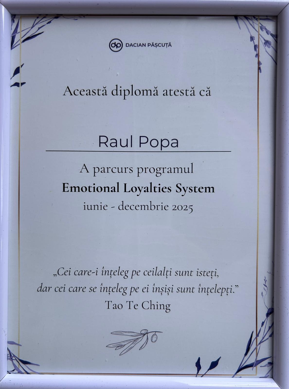 Diplomă Emotional Loyalties System — Dacian Pășcuță