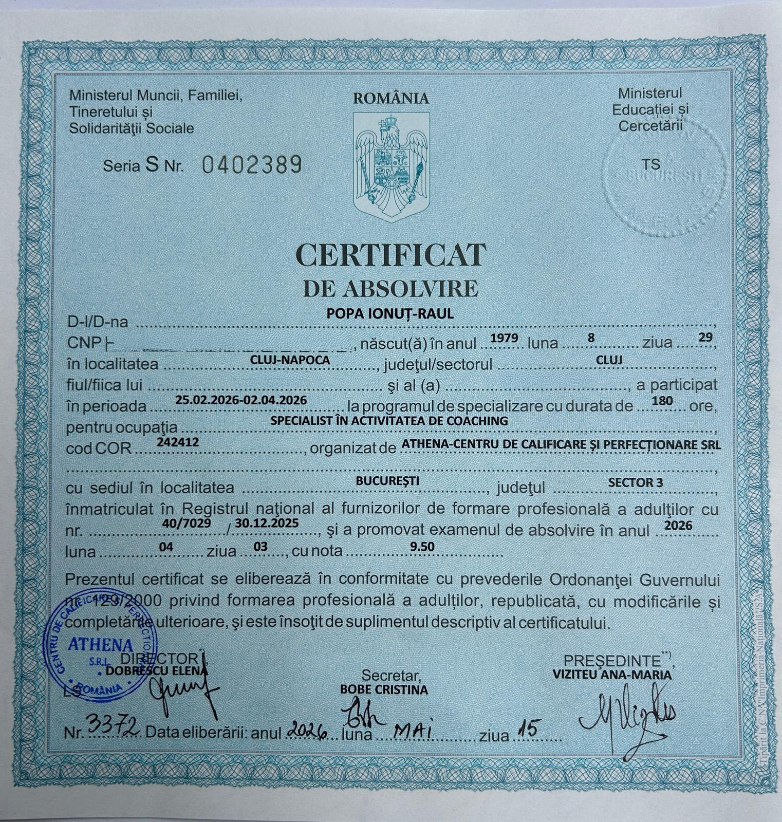 Certificat de Absolvire ANC — Specialist în Activitatea de Coaching